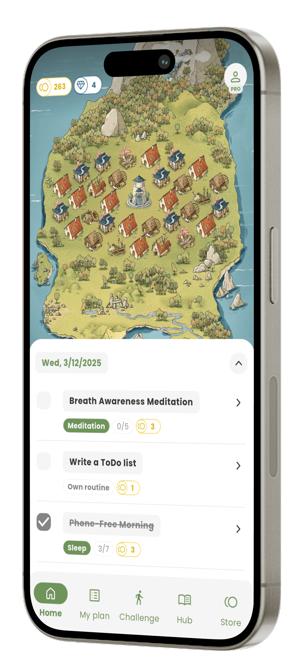 IsleGrow app showcase: home screen with island full of houses